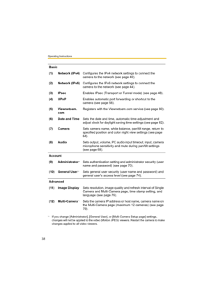 Page 38Operating Instructions
38
Basic
(1) Network (IPv4)Configures the IPv4 network settings to connect the 
camera to the network (see page 40).
(2) Network (IPv6)Configures the IPv6 network settings to connect the 
camera to the network (see page 44).
(3) IPsecEnables IPsec (Transport or Tunnel mode) (see page 48).
(4) UPnPEnables automatic port forwarding or shortcut to the 
camera (see page 58).
(5) Viewnetcam.
comRegisters with the Viewnetcam.com service (see page 60).
(6) Date and TimeSets the date and...