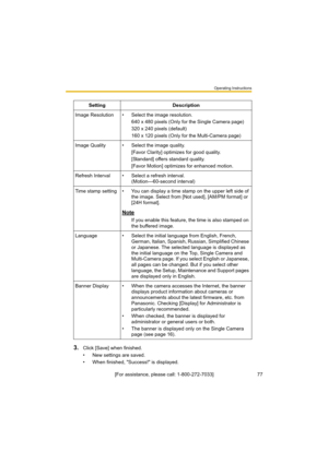 Page 77Operating Instructions
77[For assistance, please call: 1-800-272-7033]
3.Click [Save] when finished.
• New settings are saved.
• When finished, "Success!" is displayed.Setting Description
Image Resolution • Select the image resolution.
640 x 480 pixels (Only for the Single Camera page)
320 x 240 pixels (default)
160 x 120 pixels (Only for the Multi-Camera page)
Image Quality • Select the image quality.
[Favor Clarity] optimizes for good quality.
[Standard] offers standard quality.
[Favor Motion]...