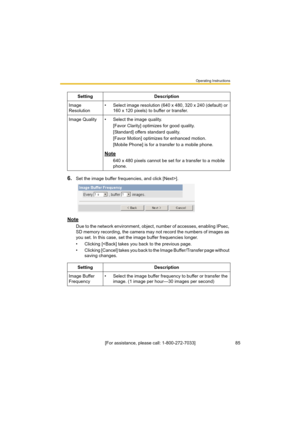 Page 85Operating Instructions
85[For assistance, please call: 1-800-272-7033]
6.Set the image buffer frequencies, and click [Next>].
Note
Due to the network environment, object, number of accesses, enabling IPsec, 
SD memory recording, the camera may not record the numbers of images as 
you set. In this case, set the image buffer frequencies longer.
• Clicking [