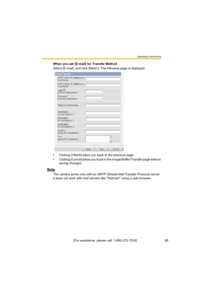 Page 89Operating Instructions
89[For assistance, please call: 1-800-272-7033] When you set [E-mail] for Transfer Method
Select [E-mail], and click [Next>]. The following page is displayed.
• Clicking [