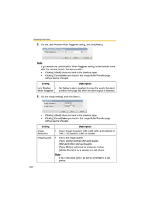 Page 102Operating Instructions
102
5.Set the Lens Position When Triggered setting, and click [Next>].
Note
If you enable the Lens Position When Triggered setting, buffer/transfer starts 
after the camera turns to the alarm position.
•Clicking [].
•Clicking [