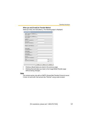 Page 107Operating Instructions
 [For assistance, please call: 1-800-272-7033]                                  107
When you set [E-mail] for Transfer Method
Select [E-mail], and click [Next>]. The following page is displayed.
•Clicking [