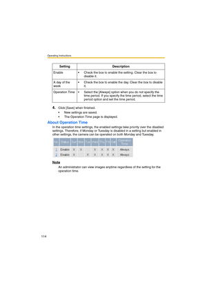 Page 114Operating Instructions
114
4.Click [Save] when finished.
•New settings are saved.
•The Operation Time page is displayed.
About Operation Time
In the operation time settings, the enabled settings take priority over the disabled 
settings. Therefore, if Monday or Tuesday is disabled in a setting but enabled in 
other settings, the camera can be operated on both Monday and Tuesday.
Note
An administrator can view images anytime regardless of the setting for the 
operation time.Setting Description...