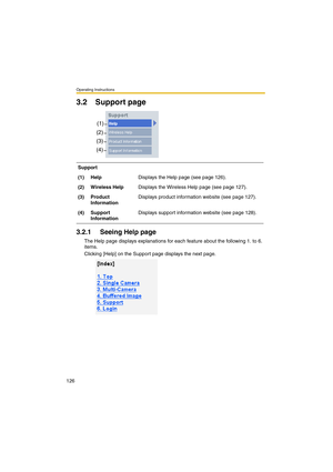 Page 126Operating Instructions
126
3.2 Support page
3.2.1 Seeing Help page
The Help page displays explanations for each feature about the following 1. to 6. 
items.
Clicking [Help] on the Support page displays the next page. Support
(1) HelpDisplays the Help page (see page 126).
(2) Wireless HelpDisplays the Wireless Help page (see page 127).
(3) Product 
InformationDisplays product information website (see page 127).
(4) Support 
InformationDisplays support information website (see page 128).
(1)
(2)
(3)
(4) 