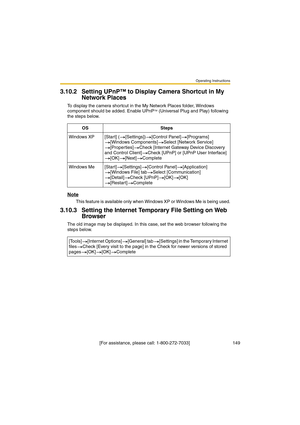 Page 149Operating Instructions
 [For assistance, please call: 1-800-272-7033]                                  149
3.10.2 Setting UPnP™ to Display Camera Shortcut in My 
Network Places
To display the camera shortcut in the My Network Places folder, Windows 
component should be added. Enable UPnPTM (Universal Plug and Play) following 
the steps below.
Note
This feature is available only when Windows XP or Windows Me is being used.
3.10.3 Setting the Internet Temporary File Setting on Web 
Browser
The old image...