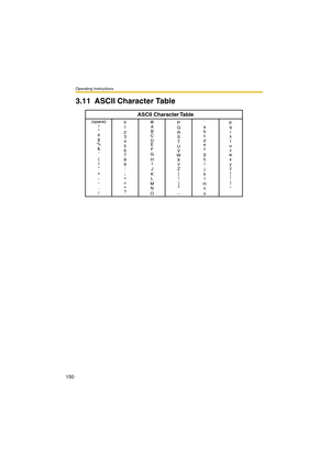 Page 150Operating Instructions
150
3.11 ASCII Character Table
(space)
!

#
$
%
&

(
)
*
+
,
-
.
/0
1
2
3
4
5
6
7
8
9
:
;
<
=
>
?
ASCII Character Table
@
A
B
C
D
E
F
G
H
I
J
K
L
M
N
OP
Q
R
S
T
U
V
W
X
Y
Z
[
\
]
^
_`
a
b
c
d
e
f
g
h
i
j
k
l
m
n
op
q
r
s
t
u
v
w
x
y
z
{
|
}
~ 