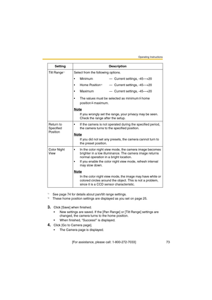 Page 73Operating Instructions
 [For assistance, please call: 1-800-272-7033]                                  73
3.Click [Save] when finished.
•New settings are saved. If the [Pan Range] or [Tilt Range] settings are 
changed, the camera turns to the home position.
•When finished, Success! is displayed.
4.Click [Go to Camera page].
•The Camera page is displayed. Tilt Range
*1Select from the following options.
•Minimum—Current settings, -45—+20
•Home Position
*2—Current settings, -45—+20
•Maximum—Current...