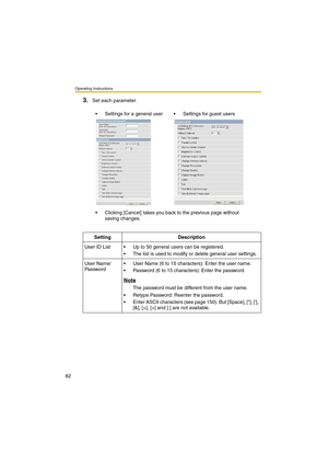 Page 82Operating Instructions
82
3.Set each parameter.
•Settings for a general user•Settings for guest users
•Clicking [Cancel] takes you back to the previous page without 
saving changes.
Setting Description
User ID List•Up to 50 general users can be registered.
•The list is used to modify or delete general user settings.
User Name/
Password•User Name (6 to 15 characters): Enter the user name.
•Password (6 to 15 characters): Enter the password.
Note
The password must be different from the user name.
•Retype...