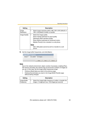 Page 93Operating Instructions
 [For assistance, please call: 1-800-272-7033]                                  93
6.Set the image buffer frequencies, and click [Next>].
Note
Due to the network environment, object, number of accesses, enabling IPsec, 
SD memory recording, the camera may not record the numbers of images as 
you set. In this case, set the image buffer frequencies longer.
•Clicking [