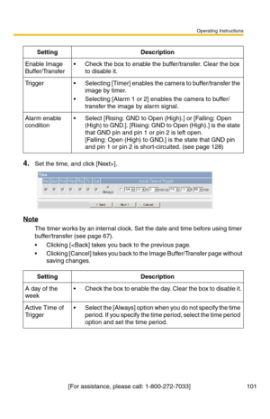 Page 101Operating Instructions
[For assistance, please call: 1-800-272-7033]                                 101
4.Set the time, and click [Next>].
Note
The timer works by an internal clock. Set the date and time before using timer 
buffer/transfer (see page 67).
 Clicking [