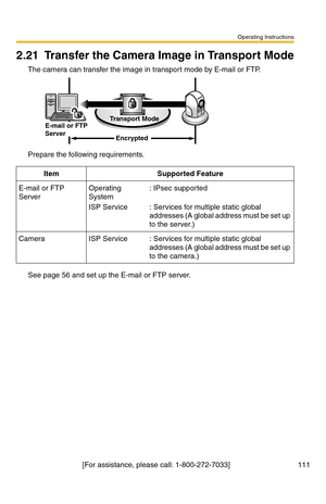 Page 111Operating Instructions
[For assistance, please call: 1-800-272-7033]                                 111
2.21 Transfer the Camera Image in Transport Mode
The camera can transfer the image in transport mode by E-mail or FTP.
Prepare the following requirements.
See page 56 and set up the E-mail or FTP server.
ItemSupported Feature
E-mail or FTP 
ServerOperating 
System
ISP Service
: IPsec supported
: Services for multiple static global 
addresses (A global address must be set up 
to the server.)
CameraISP...