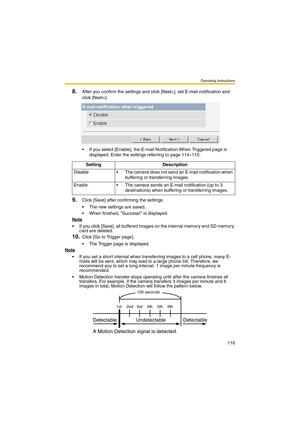 Page 116Operating Instructions
116
8.After you confirm the settings and click [Next>], set E-mail notification and 
click [Next>].
 If you select [Enable], the E-mail Notification When Triggered page is 
displayed. Enter the settings referring to page 114–115.
9.Click [Save] after confirming the settings.
 The new settings are saved.
 When finished, Success! is displayed.
Note
 If you click [Save], all buffered images on the internal memory and SD memory 
card are deleted.
10.Click [Go to Trigger page].
...