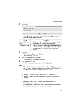 Page 61Operating Instructions
61
3.Click [Save].
 Clicking [Cancel] cancels your settings without saving changes, and the 
DynamicDNS window is displayed.
4.Click [OK].
 When finished, Success! is displayed.
 The new settings are saved.
5.Click [Go to Viewnetcam.com page].
 The Viewnetcam.com page is displayed.
6.Click Your Account Link.
 The Viewnetcam.com registration website is displayed.
Note
 When the Viewnetcam.com registration website is not displayed, confirm 
that the URL is displayed in the...