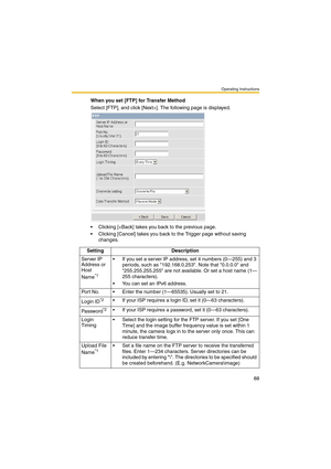 Page 88Operating Instructions
88
When you set [FTP] for Transfer Method
Select [FTP], and click [Next>]. The following page is displayed.
 Clicking [