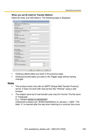 Page 109Operating Instructions
[For assistance, please call: 1-800-272-7033] 109
When you set [E-mail] for Transfer Method
Select [E-mail], and click [Next>]. The following page is displayed.
 Clicking [