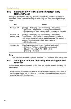 Page 162Operating Instructions
162
3.8.2 Setting UPnP™ to Display the Shortcut in My 
Network Places
To display the shortcut in the My Network Places folder, Windows component 
should be added. Enable UPnPTM (Universal Plug and Play) following the steps 
below.
Note
This feature is available only when Windows XP or Windows Me is being used.
3.8.3 Setting the Internet Temporary File Setting on Web 
Browser
The old image may be displayed. In this case, set the web browser following the 
steps below.
OSSteps...