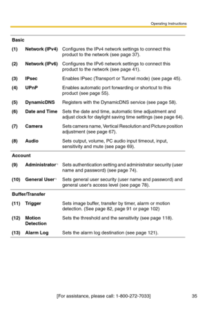 Page 35Operating Instructions
[For assistance, please call: 1-800-272-7033] 35
Basic
(1)Network (IPv4)Configures the IPv4 network settings to connect this 
product to the network (see page 
37).
(2)Network (IPv6)Configures the IPv6 network settings to connect this 
product to the network (see page 
41).
(3)IPsecEnables IPsec (Transport or Tunnel mode) (see page 45).
(4)UPnPEnables automatic port forwarding or shortcut to this 
product (see page 
55).
(5)DynamicDNSRegisters with the DynamicDNS service (see page...