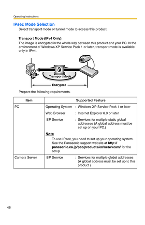 Page 46Operating Instructions
46
IPsec Mode Selection
Select transport mode or tunnel mode to access this product.
Transport Mode (IPv4 Only)
The image is encrypted in the whole way between this product and your PC. In the 
environment of Windows XP Service Pack 1 or later, transport mode is available 
only in IPv4.
Prepare the following requirements.
ItemSupported Feature
PCOperating System:Windows XP Service Pack 1 or later
Web Browser:Internet Explorer 6.0 or later
ISP Service:Services for multiple static...