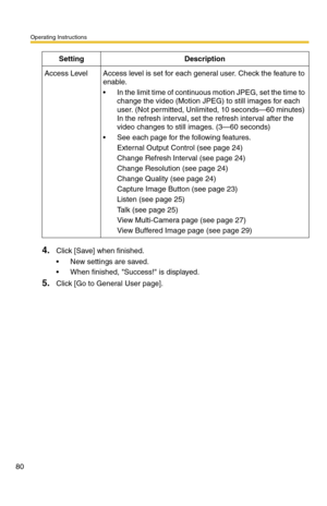 Page 80Operating Instructions
80
4.Click [Save] when finished.
 New settings are saved.
 When finished, Success! is displayed.
5.Click [Go to General User page].
Access LevelAccess level is set for each general user. Check the feature to 
enable.
 In the limit time of continuous motion JPEG, set the time to 
change the video (Motion JPEG) to still images for each 
user. (Not permitted, Unlimited, 10 seconds—60 minutes) 
In the refresh interval, set the refresh interval after the 
video changes to still...