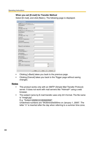 Page 88Operating Instructions
88
When you set [E-mail] for Transfer Method
Select [E-mail], and click [Next>]. The following page is displayed.
 Clicking [