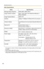 Page 168Operating Instructions
168
Message-Digest AlgorithmHMAC-MD5, HMAC-SHA-1
Image Transfer ConditionAlarm, Timer (Day of the Week/Hour/Minute) or 
Motion Detection
Image Transfer MethodSMTP, FTP
Interface10Base-T/100Base-TX Ethernet RJ-45 connector × 
1
Indicator DisplayPower/Network Communication/Operation/Ethernet 
link
External I/OExternal Sensor Input × 1
External Sensor Output × 1
Dimension (HWD)About 38 mm (1 1/2 inches) × About 216 mm (8 1/2 
inches) × About 125 mm (4 15/16 inches)
Weight370  (0.82...