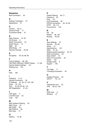 Page 140Operating Instructions
140
Numerics
6to4 Connection  32
A
Address Translation  57
Applications  91
C
Camera  39, 41
Camera Portal  17
Connection Mode  37
D
Data Channel  47, 50
DC IN Jack  9
DHCP Connection  24
DHCP Server  74
DMZ  62
DNS Relay  77
Dynamic Routing  78, 83
E
Encryption  50, 53, 86, 89
F
Factory Default  98, 109
FACTORY DEFAULT RESET Button  9, 109
Factory Default Settings  131
Filtering Log  105
H
Help  108
I
Indicators  9, 10
Internet Connection  36
IP Address  21, 29, 74, 123, 126
IPsec...