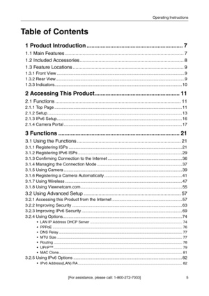 Page 5[For assistance, please call: 1-800-272-7033]Operating Instructions
5
Table of Contents
1 Product Introduction ............................................................. 7
1.1 Main Features ........................................................................................ 7
1.2 Included Accessories ............................................................................. 8
1.3 Feature Locations .................................................................................. 9
1.3.1 Front...