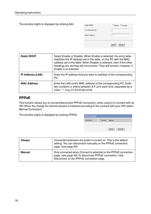 Page 76Operating Instructions
76
PPPoE
This function allows you to connect/disconnect PPPoE connection, when using it to connect with an 
ISP. When the charge for Internet access is metered according to the contract with your ISP, select 
Manual Connection.
The window (right) is displayed by clicking Add.
Static DHCPSelect Enable or Disable. When Enable is selected, the entry table 
stabilizes the IP address set in the table, on the PC with the MAC 
address set in the table. When Disable is selected, even if...