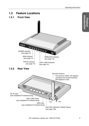 Page 99 [For assistance, please call: 1-800-272-7033]Operating Instructions
Product
Introduction
1.3 Feature Locations
1.3.1 Front View
1.3.2 Rear View
POWER Indicator 
(see page 10)
WAN Indicator 
(see page 10)
PPPoE Indicator 
(see page 10)WIRELESS Indicator 
(see page 10)
LAN1-LAN4 Indicators 
(see page 10)
Diversity Antenna
The antenna rotates 100 degrees 
clockwise and counterclockwise, 
200 degrees in total.
DC IN Jack 
(see Installation/Troubleshooting)
LAN1-LAN4 Jacks 
(see...