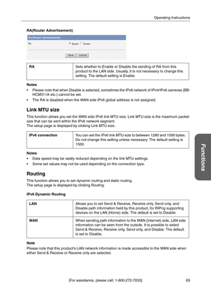 Page 8383 [For assistance, please call: 1-800-272-7033]Operating Instructions
Functions
RA(Router Advertisement)
Notes
 Please note that when Disable is selected, sometimes the IPv6 network of IPv4/IPv6 cameras (BB-
HCM311A etc.) cannot be set.
 The RA is disabled when the WAN side IPv6 global address is not assigned.
Link MTU size
This function allows you set the WAN side IPv6 link MTU size. Link MTU size is the maximum packet 
size that can be sent within the IPv6 network segment. 
The setup page is...