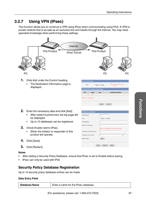 Page 8787 [For assistance, please call: 1-800-272-7033]Operating Instructions
Functions
3.2.7 Using VPN (IPsec)
This function allows you to construct a VPN using IPsec when communicating using IPv6. A VPN is 
private network that is as safe as an exclusive line and travels through the Internet. You may need 
specialist knowledge when performing these settings.
Security Policy Database Registration
Up to 10 security policy database entries can be made.
Data Entry Field
1.Click Add under the Control heading.
...