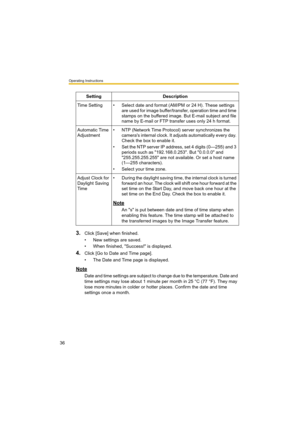 Page 36Operating Instructions
36
3.Click [Save] when finished.
• New settings are saved.
• When finished, "Success!" is displayed.
4.Click [Go to Date and Time page].
• The Date and Time page is displayed.
Note
Date and time settings are subject to change due to the temperature. Date and 
time settings may lose about 1 minute per month in 25 °C (77 °F). They may 
lose more minutes in colder or hotter places. Confirm the date and time 
settings once a month.Setting Description
Time Setting • Select date...