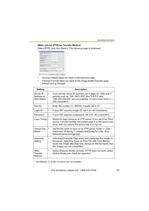 Page 55Operating Instructions
[For assistance, please call: 1-800-272-7033]                                 55
When you set [FTP] for Transfer Method
Select [FTP], and click [Next>]. The following page is displayed.
• Clicking [