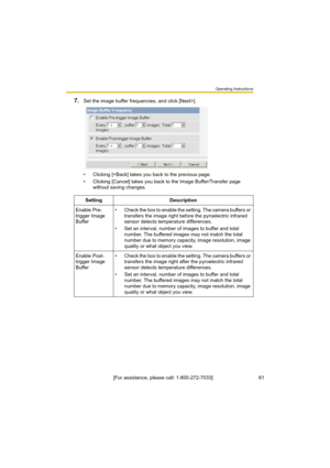 Page 61Operating Instructions
[For assistance, please call: 1-800-272-7033]                                 61
7.Set the image buffer frequencies, and click [Next>].
• Clicking [
