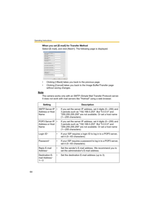 Page 64Operating Instructions
64
When you set [E-mail] for Transfer Method
Select [E-mail], and click [Next>]. The following page is displayed.
• Clicking [