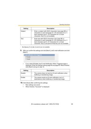 Page 65Operating Instructions
[For assistance, please call: 1-800-272-7033]                                 65
9.After you confirm the settings and click [Next>], set E-mail notification and click 
[Next>].
• If you select [Enable], the E-mail Notification When Triggered page is 
displayed. Enter the settings seeing page 64 and page 65. When finished, 
click [Next>] and go to step 10.
10.Click [Save] after confirming the settings.
• New settings are saved.
• When finished, "Success!" is displayed....