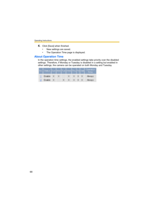 Page 68Operating Instructions
68
4.Click [Save] when finished.
• New settings are saved.
• The Operation Time page is displayed.
About Operation Time
In the operation time settings, the enabled settings take priority over the disabled 
settings. Therefore, if Monday or Tuesday is disabled in a setting but enabled in 
other settings, the camera can be operated on both Monday and Tuesday. 