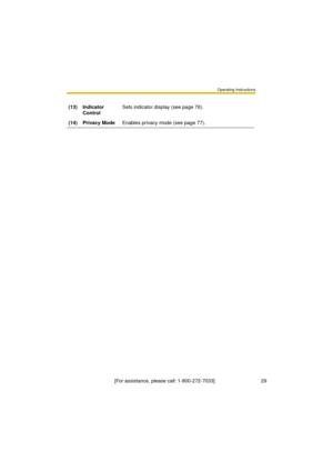 Page 29Operating Instructions
[For assistance, please call: 1-800-272-7033]                                 29
(13) Indicator 
ControlSets indicator display (see page 76).
(14) Privacy ModeEnables privacy mode (see page 77). 