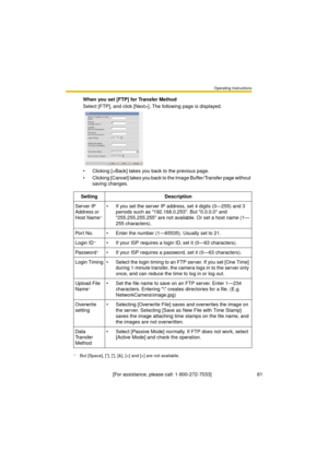 Page 61Operating Instructions
[For assistance, please call: 1-800-272-7033]                                 61
When you set [FTP] for Transfer Method
Select [FTP], and click [Next>]. The following page is displayed.
 Clicking [