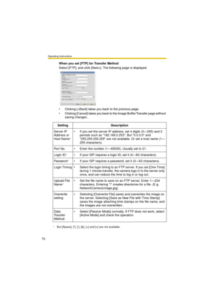 Page 70Operating Instructions
70
When you set [FTP] for Transfer Method
Select [FTP], and click [Next>]. The following page is displayed.
 Clicking [