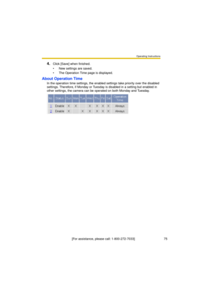Page 75Operating Instructions
[For assistance, please call: 1-800-272-7033]                                 75
4.Click [Save] when finished.
 New settings are saved.
 The Operation Time page is displayed.
About Operation Time
In the operation time settings, the enabled settings take priority over the disabled 
settings. Therefore, if Monday or Tuesday is disabled in a setting but enabled in 
other settings, the camera can be operated on both Monday and Tuesday. 