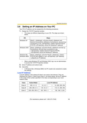 Page 99Operating Instructions
[For assistance, please call: 1-800-272-7033]                                 99
3.6 Setting an IP Address on Your PC
Your PCs IP address can be assigned by the following procedures.
1.Display the TCP/IP Properties window.
 The steps are different depending on your OS. The steps are shown 
below.
 When using Windows XP and Windows 2000, log in as an administrator 
to access the TCP/IP Properties window.
2.Enter IP address and subnet mask.
3.Click [OK].
 In Windows Me or Windows...