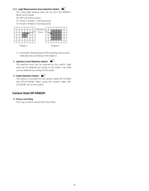 Page 9-9-
!9/@0  Light Measurement Area Selection Switch
The  back light sensing zone can be set in the BRIGHT-
NESS AUTO mode.
00: OFF (All of the screen)
01: Preset 1 (Pattern 1 Sensing Zone)
10: Preset 2 (Pattern 2 Sensing Zone)
11: Automatic Sensing Zone (The sensing zone is auto-
matically set according to the object.)
@1Aperture Level Selection Switch
The aperture level can be selected by this switch. High
level can be obtained by turning on this switch. Low level
can be obtained by turning off this...