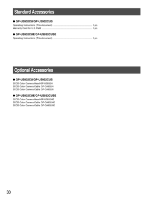 Page 3030
GP-US932CU/GP-US932CUS
Operating Instructions (This document)  .............................................................. 1 pc.
Warranty Card for U.S. Field  ................................................................................ 1 pc.
GP-US932CUE/GP-US932CUSE
Operating Instructions (This document)  .............................................................. 1 pc.
Standard Accessories
GP-US932CU/GP-US932CUS
3CCD Color Camera Head GP-US932H
3CCD Color Camera Cable GP-CA932/4
3CCD...