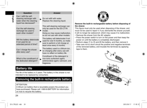 Page 2424
QuestionAnswer
Can I refill the self‑
cleaning recharger with 
water when the cleaning 
liquid has decreased?
Do not refill with water.
Replace the cleaning liquid.
Can the self‑cleaning 
recharger be used to 
wash other models?
This self‑cleaning recharger can 
only be used for the ES‑LT7N 
model.
Doing so may cause malfunction, 
so do not use with other models.
Will the battery deteriorate 
if not used for an 
extended period of time?
The battery will deteriorate if not 
used for over 6 months, so...