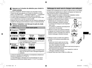 Page 4141
4
4Appuyez sur le bouton de sélection pour choisir le 
mode souhaité.
 
• Le mode “Chargement” démarre lorsque vous raccordez le rasoir.
 
• Chaque fois que vous appuyez sur le bouton de sélection, le mode 
passe à “AUTOMATIQUE” 
 “Séchage/Chargement”  “Chargement”. 
• Le mode démarre environ 6 secondes après la sélection. 
• Le mode s’arrête immédiatement en cas de coupure de courant. Dans 
ce cas, sélectionnez à nouveau le mode souhaité.
 
• N’appuyez pas sur le bouton de retrait du bac pour liquide...