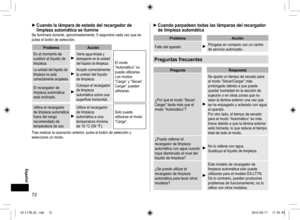 Page 7272
 
► Cuando la lámpara de estado del recargador de 
limpieza automática se ilumine
Se iluminará durante, aproximadamente, 5 segundos cada vez que se 
pulse el botón de selección.
Problema Acción
Es el momento de 
sustituir el líquido de 
limpieza.
Vierta agua limpia y 
detergente en la unidad 
del líquido de limpieza.
El modo 
“Automático” no 
puede utilizarse. 
Los modos 
“Carga” y “Secar/
Cargar” pueden 
utilizarse.
La unidad del líquido de 
limpieza no está 
correctamente acoplada.Acople...