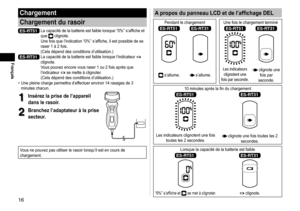 Page 1616
Français
A propos du panneau LCD et de l’affichage DEL
Pendant le chargement  Une fois le chargement terminé
ES‑RT51ES‑RT31ES‑RT51ES‑RT31
 s’allume. s’allume.
Les indicateurs clignotent une 
fois par seconde. clignote une  fois par 
seconde.
10 minutes après la fin du chargement
ES‑RT51ES‑RT31
Les indicateurs clignotent une fois  toutes les 2 secondes. clignote une fois toutes les 2  secondes.
Lorsque la capacité de la batterie est faible
ES‑RT51ES‑RT31
“0%” s’affiche et  se met à clignoter....