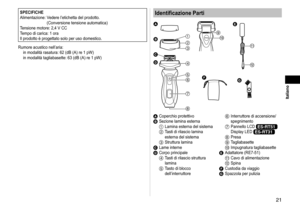 Page 211
 Italiano
SPECIFICHE
Alimentazione:   Vedere l’etichetta del prodotto. 
(Conversione tensione automatica)
Tensione motore: 2,4 V CC
Tempo di carica: 1 ora
Il prodotto è progettato solo per uso domestico.
Rumore acustico nell’aria: in modalità rasatura: 62 (dB (A) re 1 pW)  
in modalità tagliabasette: 63 (dB (A) re 1 pW)Identificazione Parti


















A 
Coperchio protettivoB Sezione lamina esterna1 Lamina esterna del sistema2 Tasti di rilascio lamina 
esterna del...