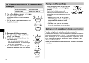 Page 3030
Nederlands
Het scheerbladensysteem en de messenblokken 
vervangen
scheerbladensysteem eenmaal per jaar
messenblokkeneens om de twee jaar
Het scheerbladensysteem vervangen1. Druk op de knoppen en trek het 
scheerbladensysteem omhoog zoals wordt 
getoond.
2.

  Druk het nieuwe scheerbladensysteem op zijn 
plaats tot het vastklikt.
1
De messenblokken vervangen1.  Druk op de knoppen en trek de scheerkop 
omhoog, zoals afgebeeld.
2.
  Verwijder de messenblokken één voor één 
zoals wordt getoond.
Raak de...